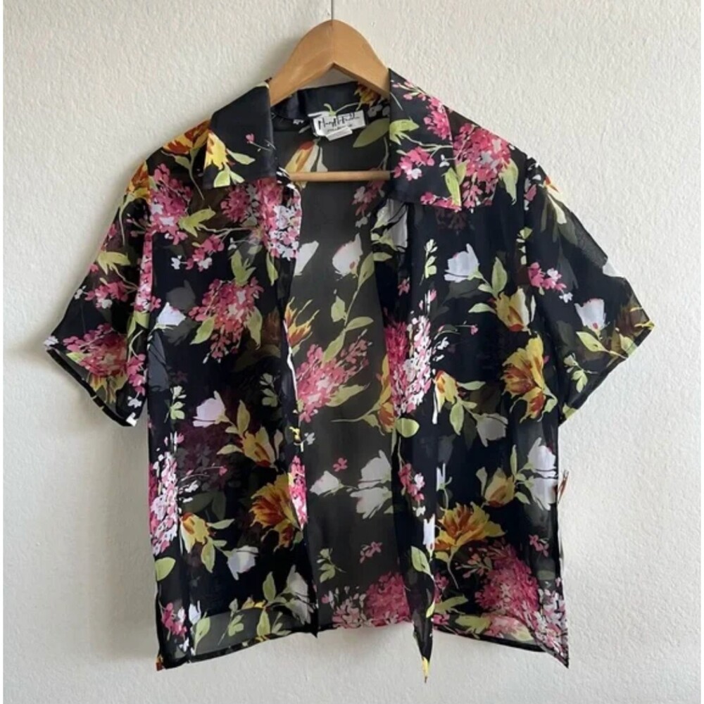 MARY McFadden Vintage 90s Short Sleeve Floral Black Sheer Blouse Top Womens 6